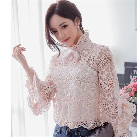 2017 autumn flare sleeve high neck princess lace blouses women hollow out lace shirts with camis