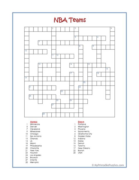 Nba Teams Crossword Puzzle My Printable Puzzles