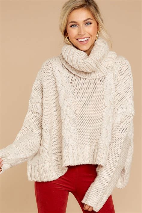 Stylish Cream Turtleneck Sweater Oversized Knit Sweater Top 80