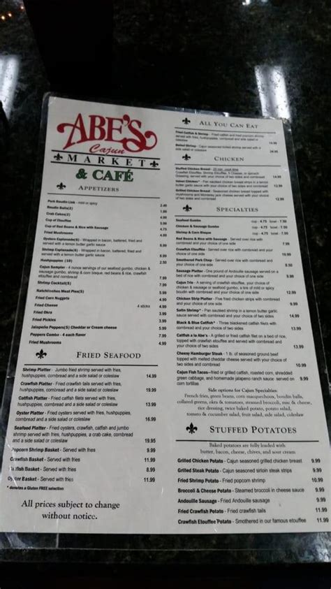 Menu At Abes Cajun Market Restaurant Houston