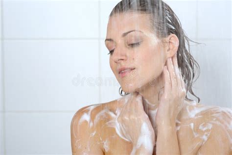 Woman Washing Her Body Shower Gel Stock Image Image Of Hair Bathroom