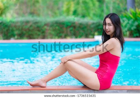 Portrait Asian Sexy Woman Swimming Poolthailand Stock Photo