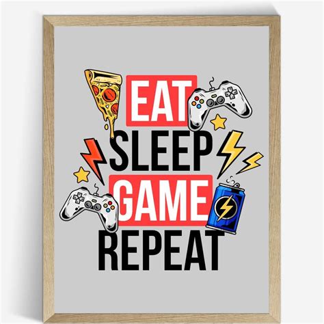 August (approx.), blue, jazhn, skrzm, and wolfy leave. Eat sleep game repeat - färgstark gamer affisch till barn