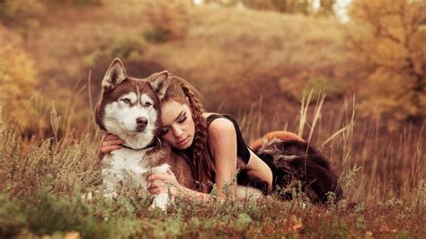 Dog Hugging Women Outdoors Animals Closed Eyes Wallpapers Hd Desktop
