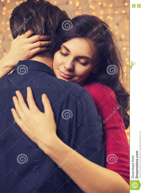 Beautiful Brunette Caucasian Romantic Loving Couple In Cozy Warm Stock Image Image Of Female