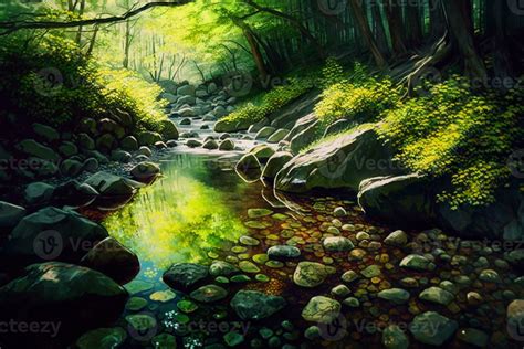Deep Forest Stream With Crystal Clear Water In The Sunshine Ai