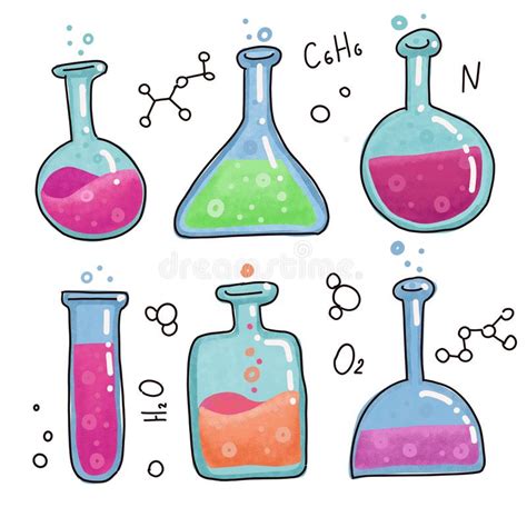 Set Of 6 Chemistry Textured Test Tubes Flask Outlined Sketch