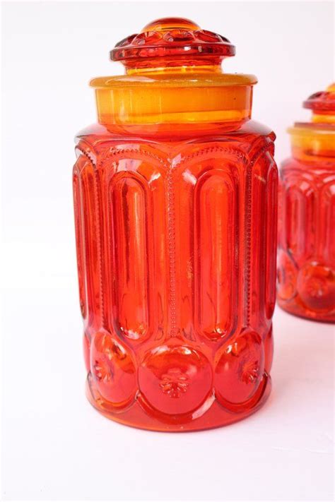 L E Smith Red Glass Canister Set Amberina Moons And Stars Vintage