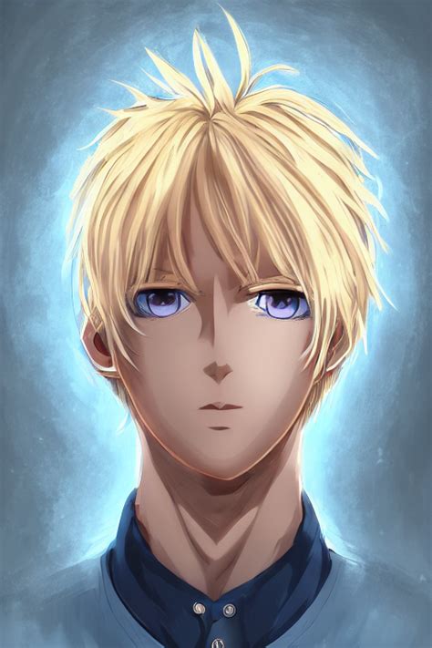 KREA Male Anime Character Blonde Hair Luminescent Blue Eyes Symmetrical Highly Detailed