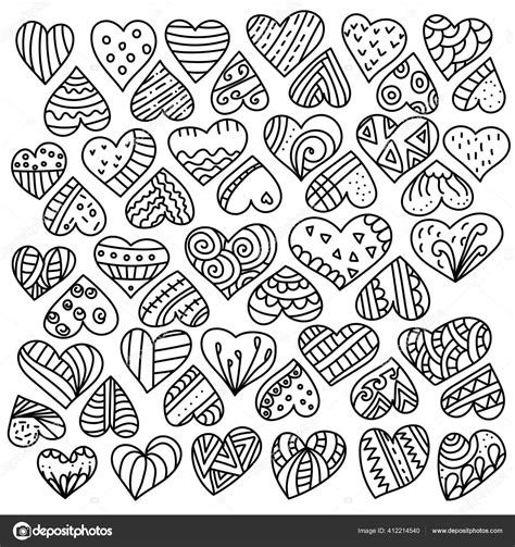 Set Doodle Hearts Different Linear Patterns Simple Cute Hearts Lines