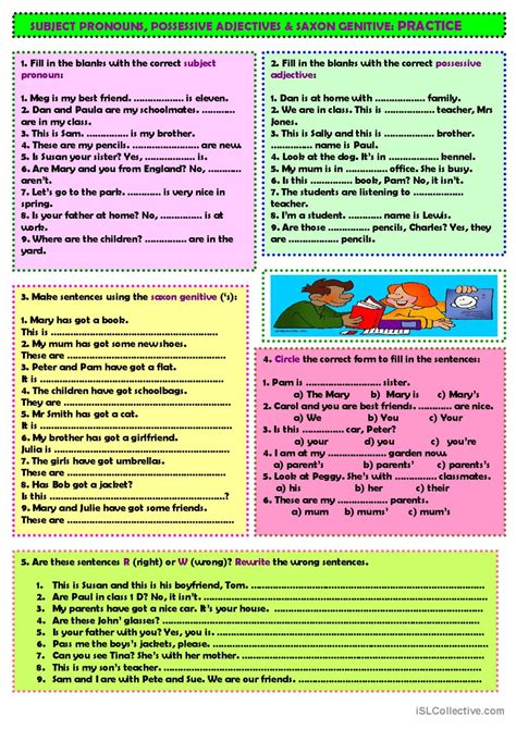 Subject Pronouns Possessive Adjecti English Esl Works