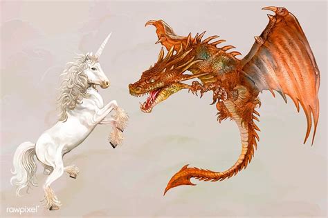Unicorn And A Dragon In Action Vector Premium Image By
