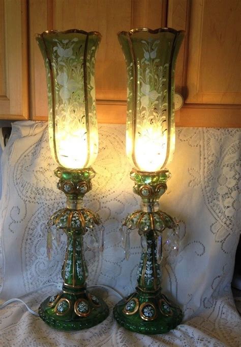 Antique Hand Painted Green Glass Crystal Prisms Hurricane Mantle Boudoir Lamps Antique Price