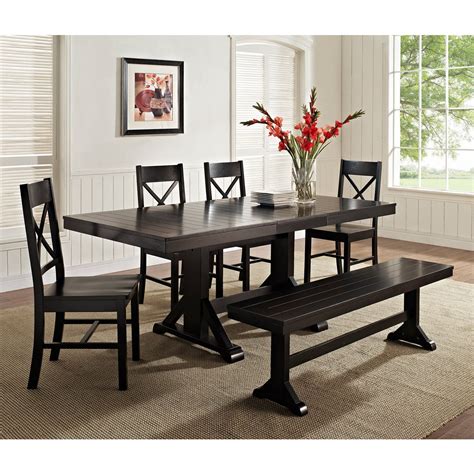 Walker Edison Black 6 Piece Solid Wood Dining Set With Bench From Black Kitchen