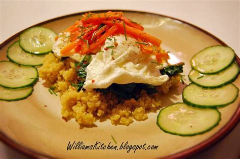 Quinoa With Poached Egg Spinach Chives And Cucumber Vegetarian