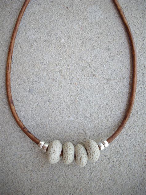 Mm Distressed Brown Leather Choker Necklace With Beige Lava Beads And