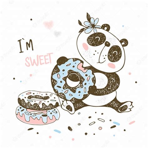 Premium Vector Cute Little Panda Eats Sweet Donuts