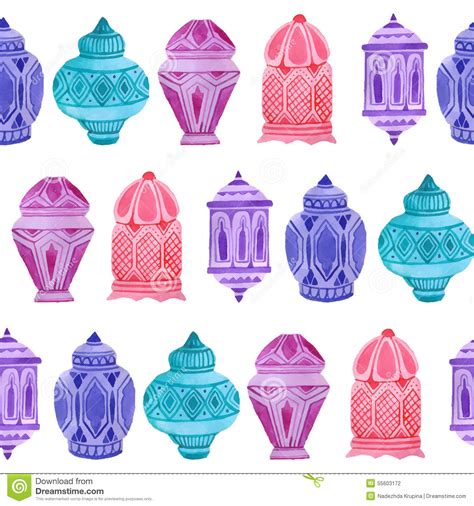 Watercolor Arabic Ramadan Seamless Pattern Stock Vector Illustration