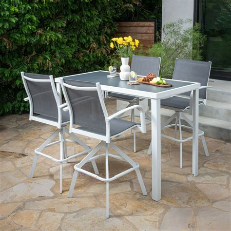 Hanover Naples 5 Piece Outdoor High Dining Set With 4 Swivel Bar Chairs And A Glass Top Bar