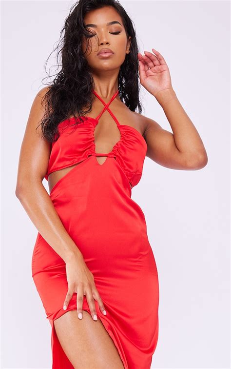 Red Satin Strappy Cut Out Midaxi Dress Prettylittlething Usa