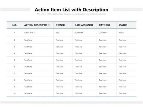 Action Item List With Description Powerpoint Slide Templates Download