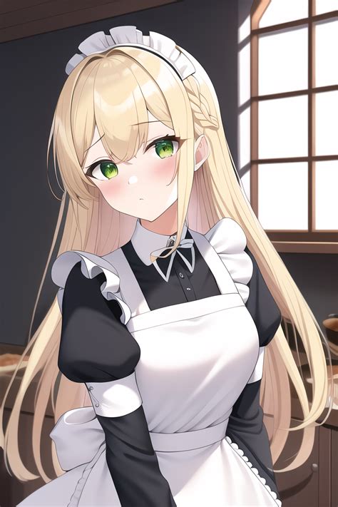 Wallpaper Ai Generated Anime Girls Long Hair Blonde Green Eyes Maid Outfit Embarrassed