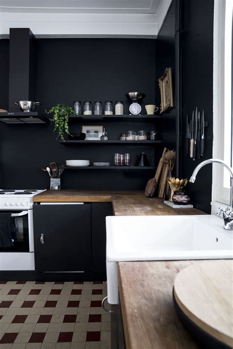 Feel about the mood you want to convey your kitchen and locate a matching color scheme to considering that there is hardly any empty walls due to the kitchenette in the kitchen, the wall shade rather serves as an accent. ere I am with the reveal of our black kitchen walls! Back in the day this was our kitchen ...