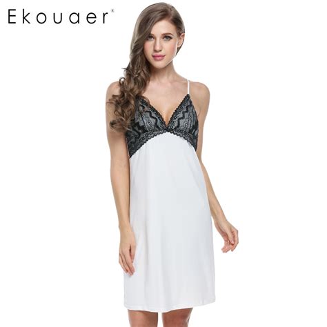 Ekouaer Nightgown Women Sexy Sleep Dress Lace V Neck Sleeveless Nightdress Sleepwear Female Home