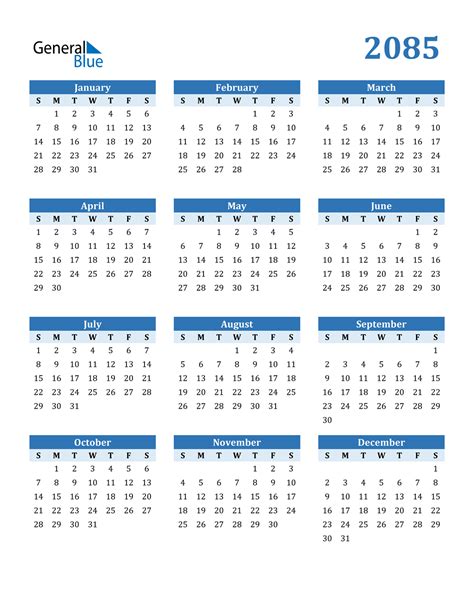 2085 Calendar Pdf Word Excel