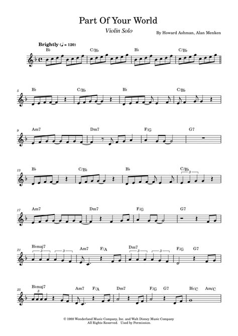 Part Of Your World Sheet Music Alan Menken Violin Solo