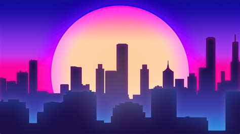 Download Wallpaper 1920x1080 City Vibes Synthwave Big Moon