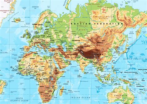 Detailed Physical World Map Mercator Projection By