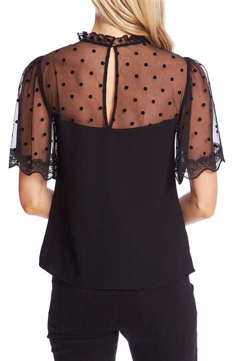 Cece Mixed Media Flocked Dot And Lace Blouse In Black Lyst