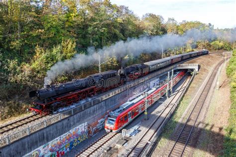 Steam Train Locomotive And S Bahn Commuter Rail In Stuttgart Germany