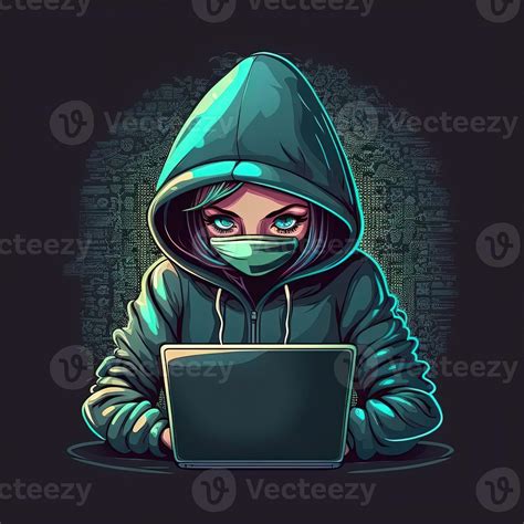 Cute Girl Hacker With Laptop Avatar In Cartoon Style Balck Backdrop