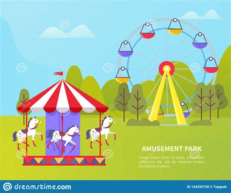 Amusement Park With Ferris Wheel And Carousel Stock Vector
