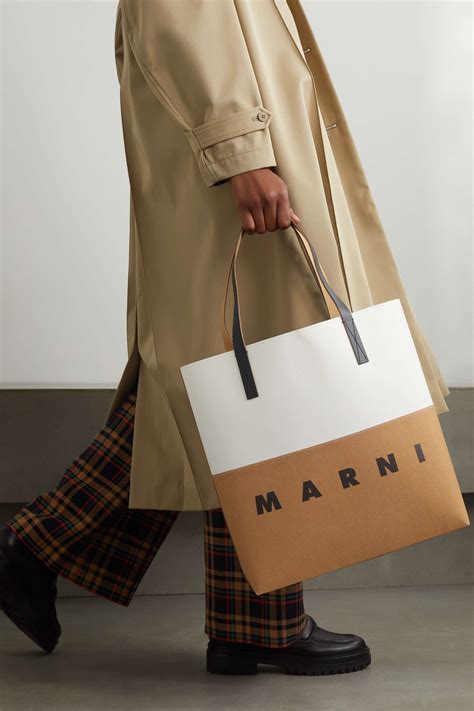 Marni Shopping Two Tone Leather Trimmed Canvas Tote Net A Porter