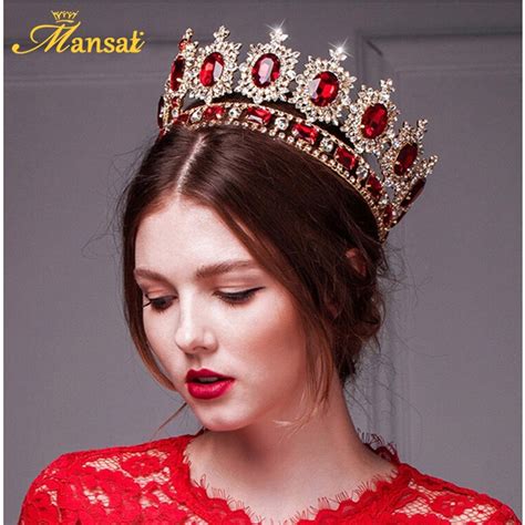 Mansati Luxurious Big Round Crown Red Rhinestone Gold Crowns And Tiaras Wedding Bridal Crystal