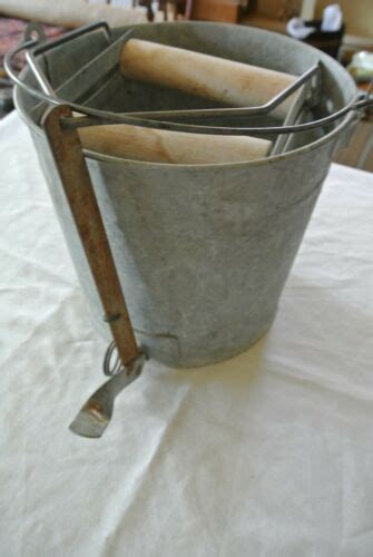 Vintage Galvanized Mop Bucket W Wooden Rollers Foot Pedal Antique