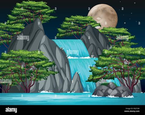 A Waterfall At Night Illustration Stock Vector Image And Art Alamy