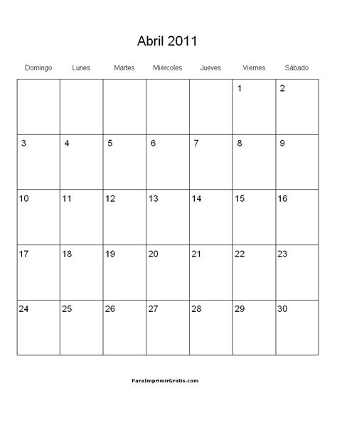 Calendario Abril 2011 - Para Imprimir Gratis - ParaImprimirGratis.com