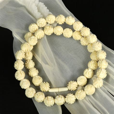 Celluloid Bead Necklace Carved Rose Beads Ivory Colored 18 Etsy