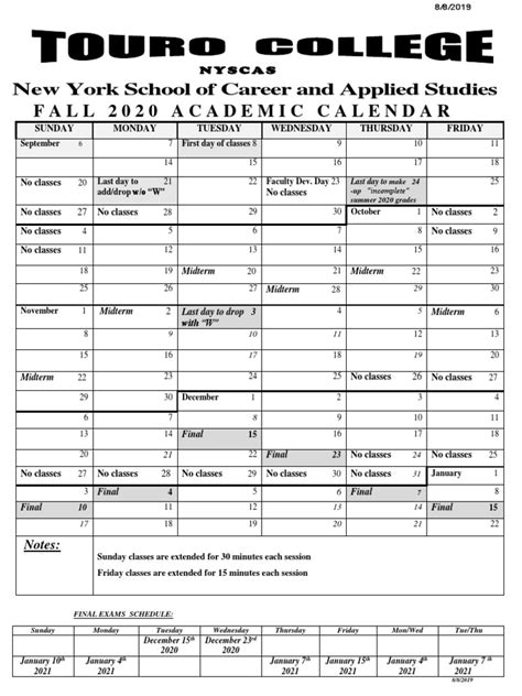 Fall 2020 Academic Calendar N Y S C A S Pdf