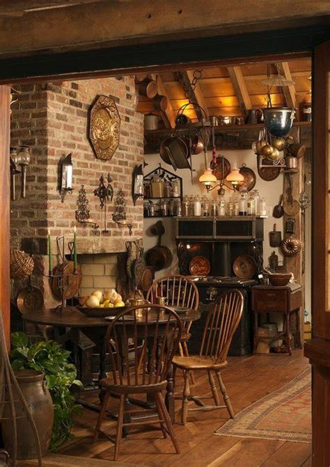 An Old Fashioned Kitchen And Dining Room With Brick Walls Wood
