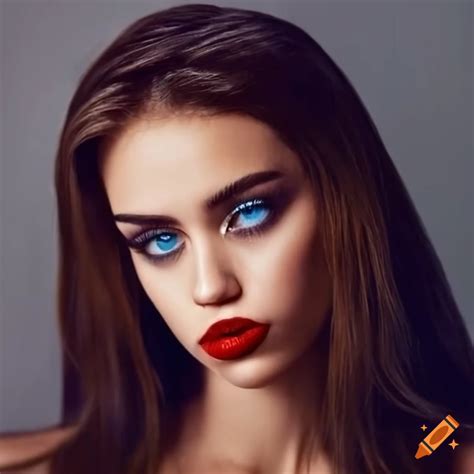 Portrait Of A Beautiful Woman With Blue Catlike Eyes