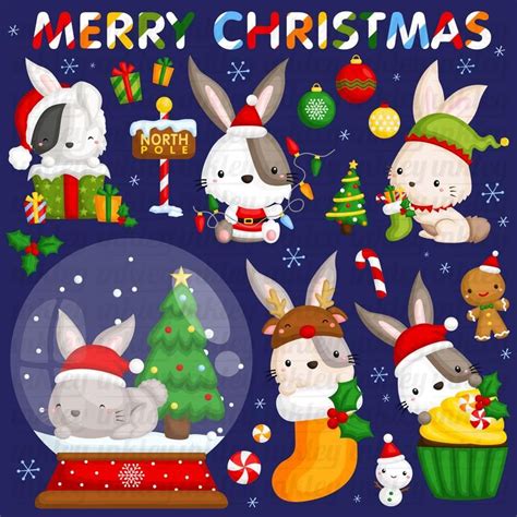 Christmas Rabbit Clipart Cute Animal Clip Art Chirstmas Etsy