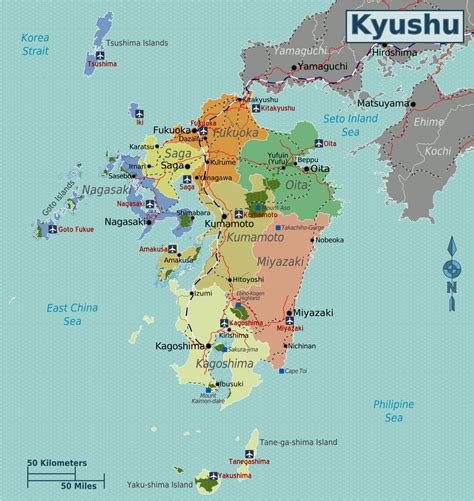 Detailed elevation map of japan with roads, cities and airports. Kyushu region | Japan travel guide region by region