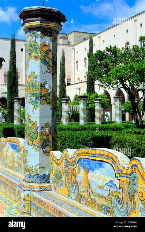 decorated pillar of majolica cloister 1742 of santa chiara church naples campania italy