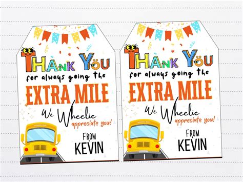 Bus Driver Thank You For Going Extra Mile Gift Tag Template Etsy