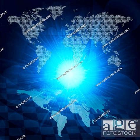 Glowing Figures And World Map Hi Tech Technological Background Stock